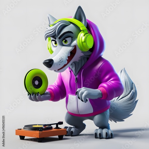 Groovy Wolf DJ:  A Funky Furry Musician Spinning Tunes in a Purple Hoodie photo