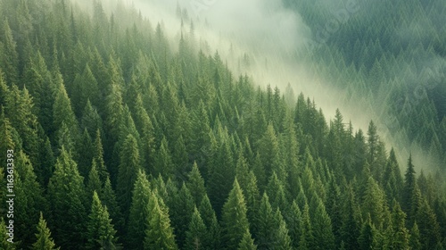 Misty mountain forest with dense evergreen trees.