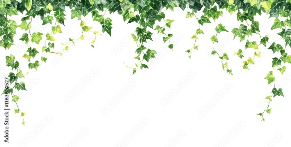 Lush green ivy vines cascading down on a white background, creating a natural border. Lush green ivy vines cascading down on a white background, creating a natural border.