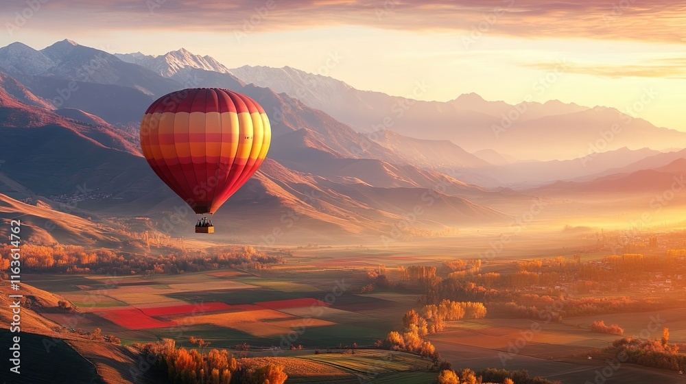 Obraz premium Colorful Hot Air Balloons Soaring Above a Vibrant Valley at Sunrise with Lush Farmland Below