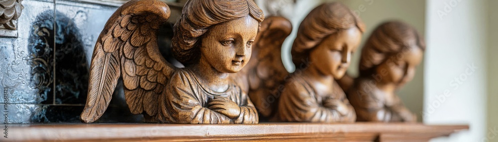 Fototapeta premium Hand-Carved Wooden Angels on Mantelpiece