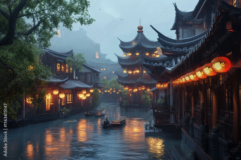Rainy Night in a Picturesque Chinese Water Town Rainy Night in a Picturesque Chinese Water Town