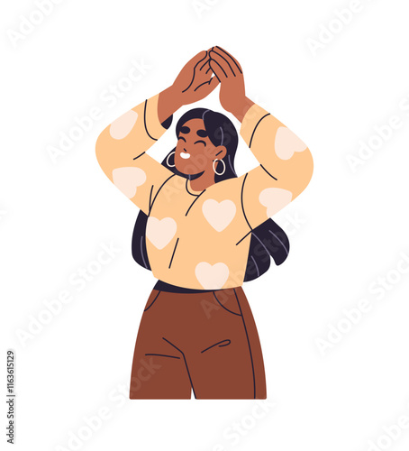 Excited black girl hands up and clapping, rejoices. Happy young woman applauding, celebrates success. Female smiles, shows support with applause. Flat isolated vector illustration on white background