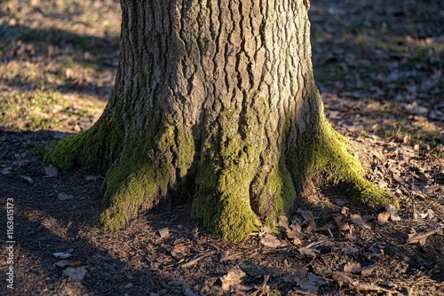 Sunlight Illuminates Mossy Tree Base photo