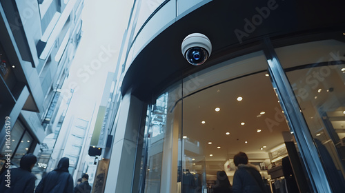 Low Angle Shot of a Shop Entrance Featuring a Security Camera with People Walking by in a Modern Urban Environment