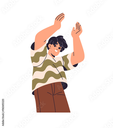 Excited boy has fun, hands ups and clapping. Happy young man rejoices, applauding, celebrates success. Person exults, greeting, shows support with applause. Flat isolated vector illustration on white