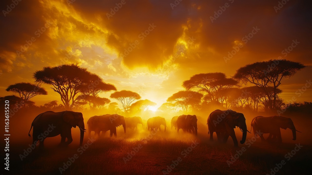 Obraz premium Elephant Herd Silhouette in Golden African Sunset, Wildlife Photography, Majestic Animals in Nature