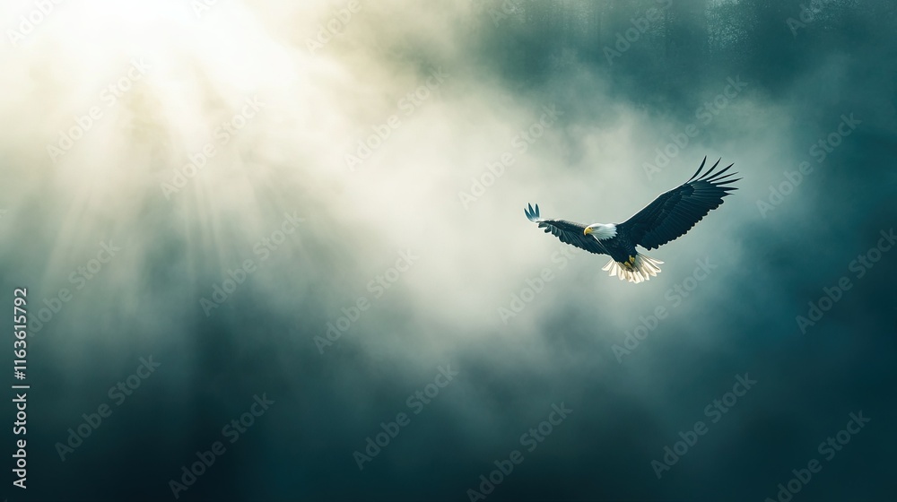 Obraz premium Eagle in Flight Over Canyon, a majestic eagle gliding gracefully above a vast canyon, illuminated by striking dramatic light