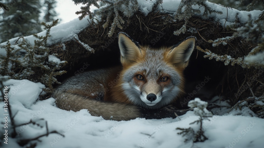Red fox resting in snowy den, winter wildlife. Red fox resting in snowy den, winter wildlife.