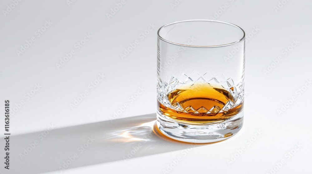 A crystal glass filled with amber whiskey casts a soft shadow on a light surface, creating an elegant and inviting atmosphere. A crystal glass filled with amber whiskey casts a soft shadow on a light surface, creating an elegant and inviting atmosphere.