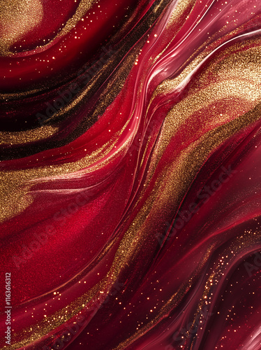 Abstract Red and Gold Liquid Art with Glitter