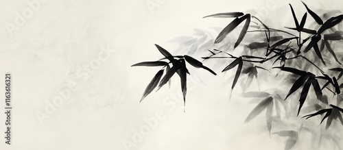 Asian ink wash painting of bamboo leaves.