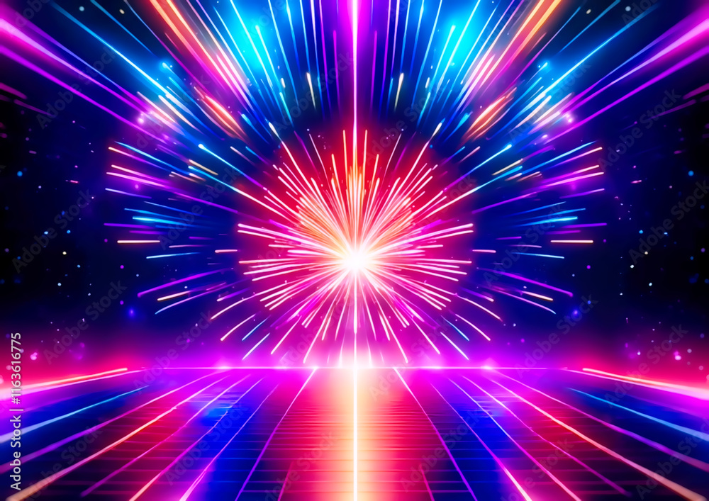 Naklejka premium Abstract background with colorful rays of light and sparks. 3d illustration.