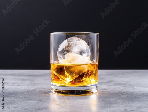 A close-up of a whiskey glass featuring a large, spherical ice cube, set against a dark background, emphasizing the drink's amber color.