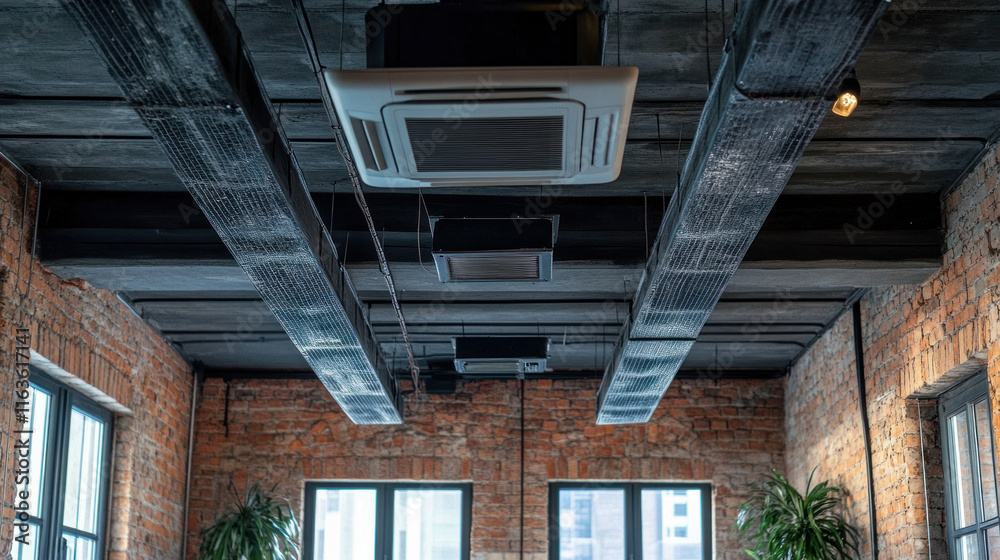 Exposed brick office ceiling with industrial style air conditioning and beams Exposed brick office ceiling with industrial style air conditioning and beams
