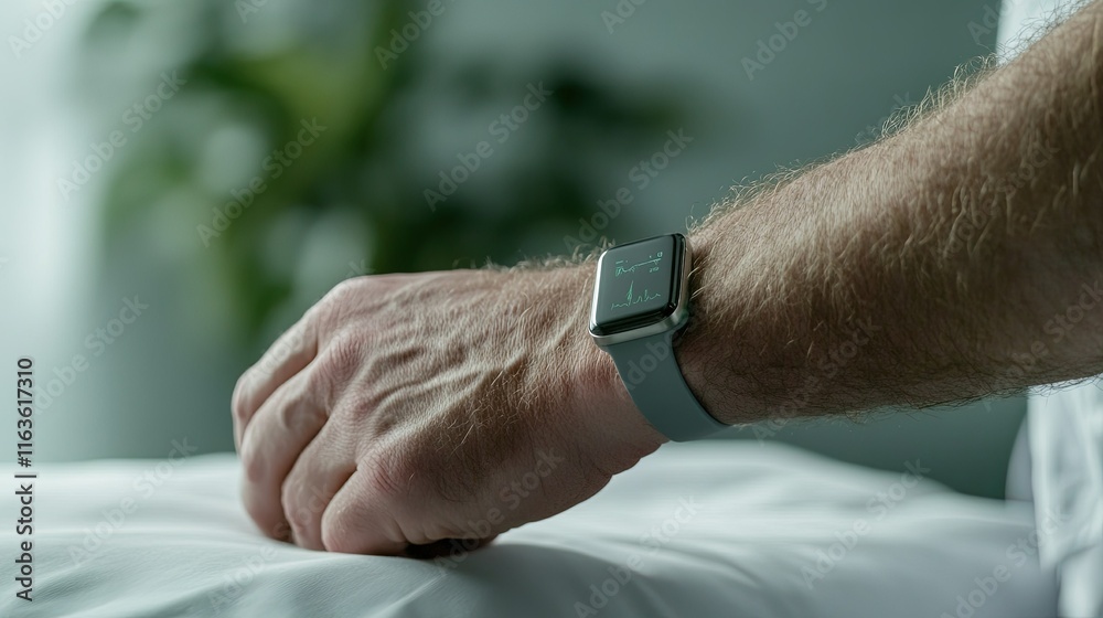 Fototapeta premium Remote health consultation, patient with health monitor wristband engaging with doctor online, innovative digital healthcare solution