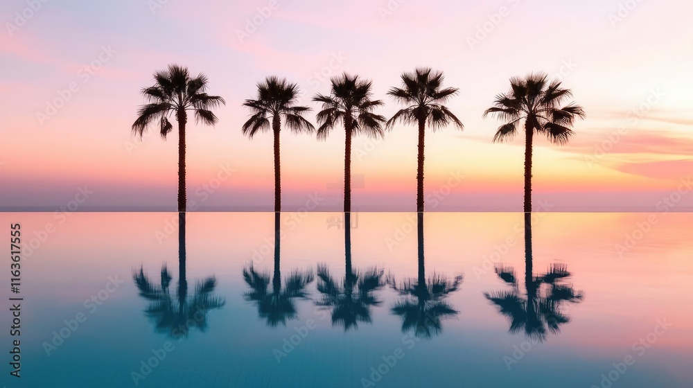 Obraz premium Getaway vacation idea. Serene sunset over palm trees reflecting in tranquil water creates a peaceful atmosphere.