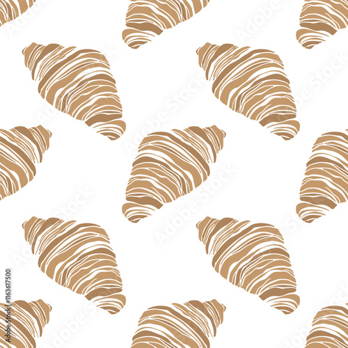Hand drawn croissant seamless pattern in brown colors