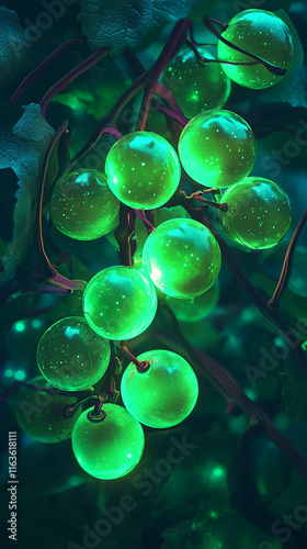 Green grapes with pulsating neon veins running across photo