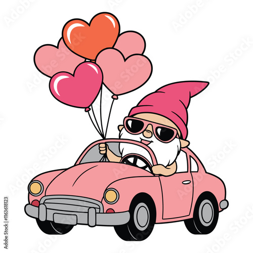 Gnome Driving Pink Car with Heart Balloons Cartoon Illustration