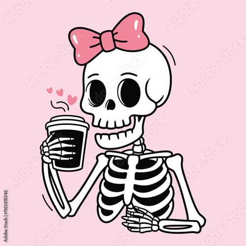 Cute Skeleton Holding Coffee Cup with Heart Illustration
