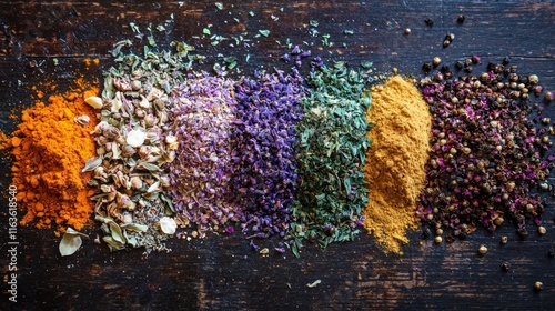 Assorted Spices and Herbs Arranged on Dark Wood