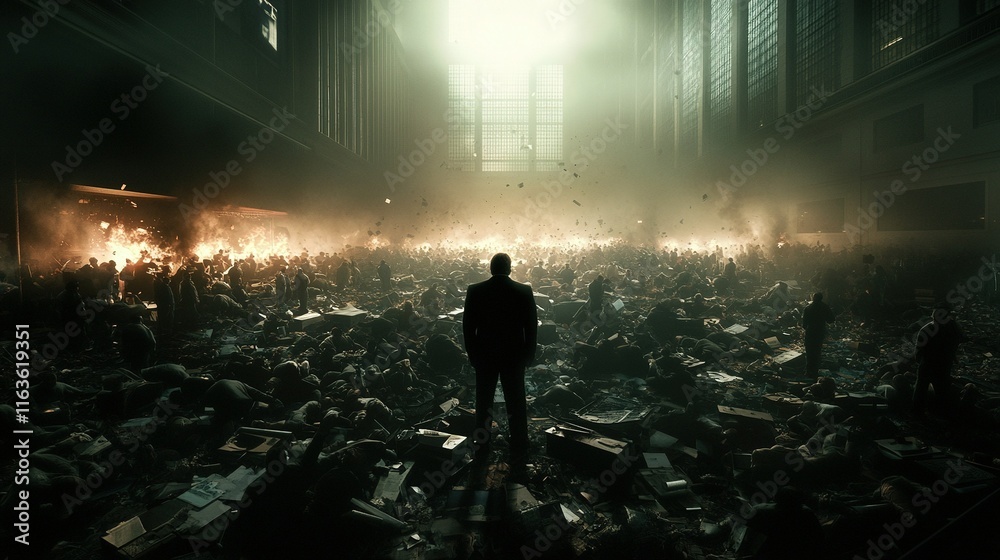 Fototapeta premium Stock market turmoil, frantic traders, plummeting stocks, panic in the air, financial chaos unfolding, urgent decisions being made
