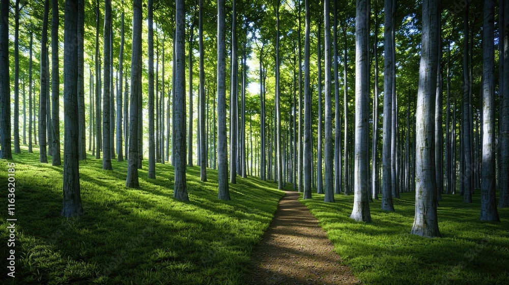 Scenery sightseeing concept. A serene forest path surrounded by tall, green trees and lush undergrowth. Scenery sightseeing concept. A serene forest path surrounded by tall, green trees and lush undergrowth.