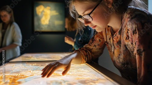 A young Caucasian female, wearing glasses, examines a detailed display in a museum with curiosity and focus.