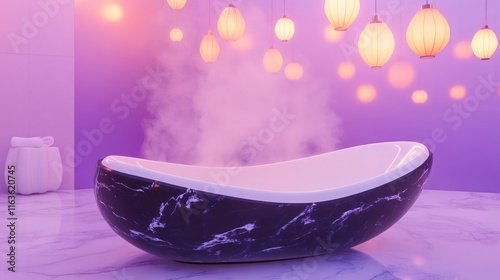 A high-end cartoon-style bathroom with a sleek, black and white marble bathtub placed against a gradient lavender wall. Animated steam gently rises from the tub.
