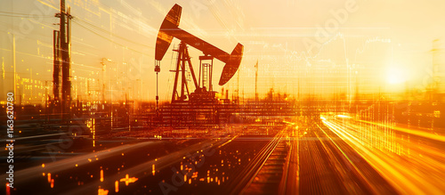 Oil pump with financial graphs at sunset, energy market and technology theme. photo