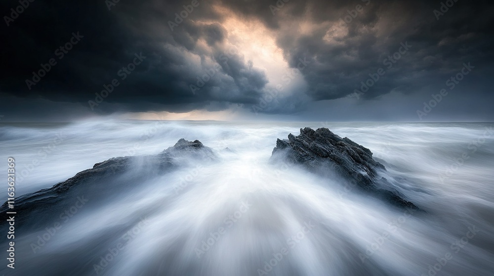 Fototapeta premium Stormy Coastal Vista, turbulent waves crashing against rugged cliffs, dramatic skies enhancing the wild beauty of nature's fury