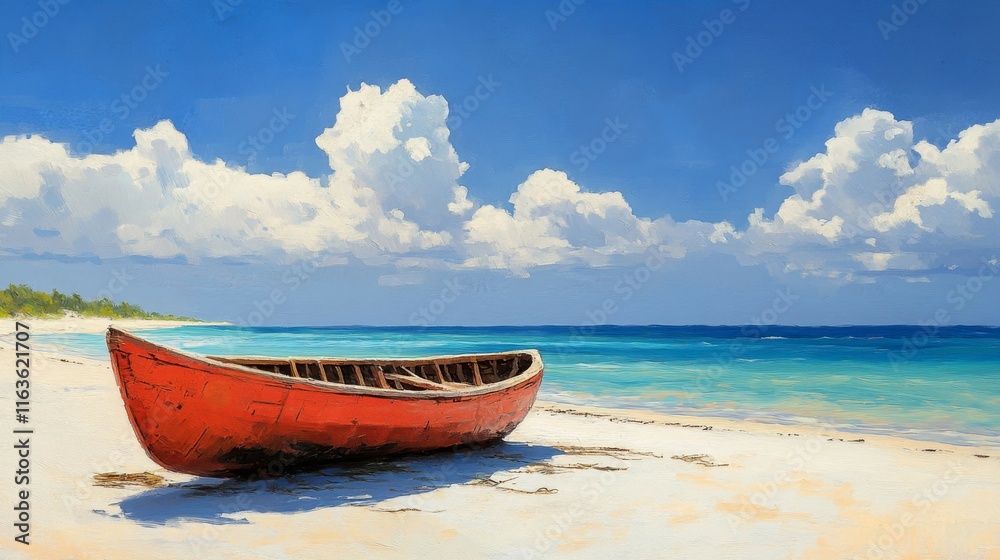 Red Boat on a Tropical Sandy Beach Under a Blue Sky Red Boat on a Tropical Sandy Beach Under a Blue Sky