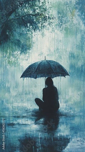 Person sitting under an umbrella in the pouring rain
