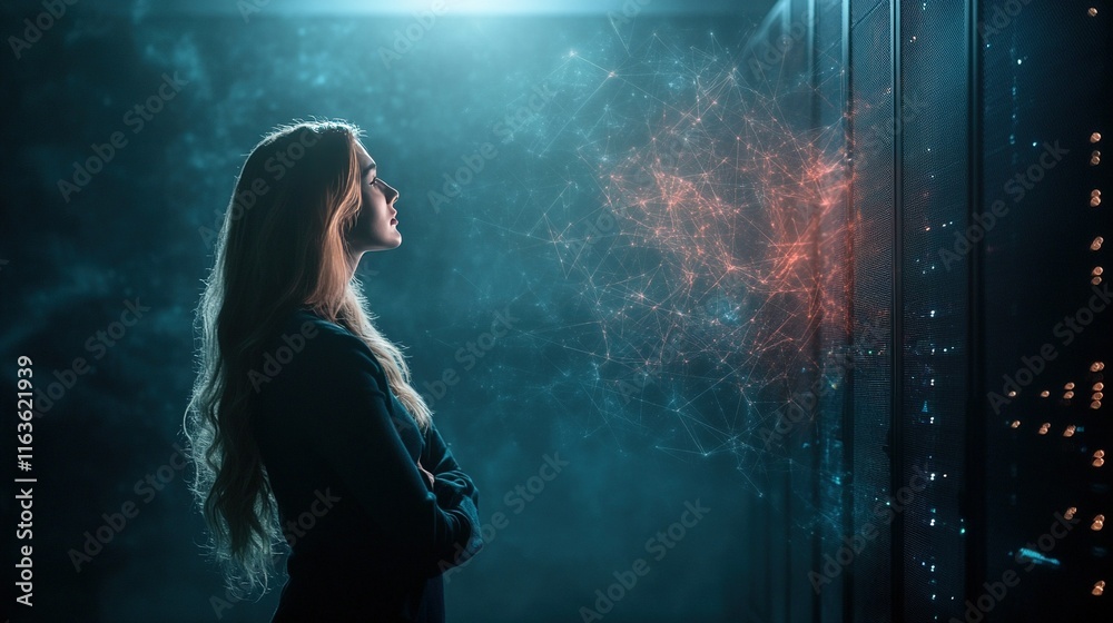 Fototapeta premium Woman analyzing server metrics in dimly lit data center, dedicated to optimizing IT performance and enhancing security measures