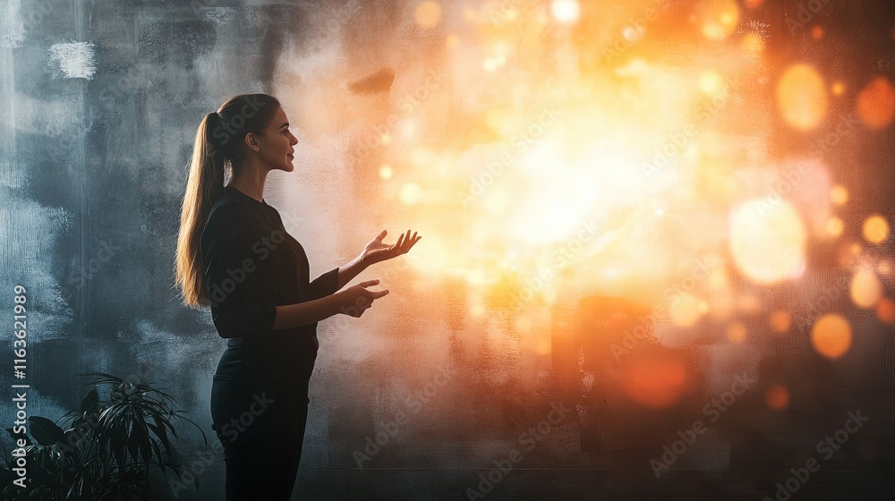 Woman leading a dynamic mixed-format meeting, engaging in-person and remote attendees, fostering collaboration and innovation.