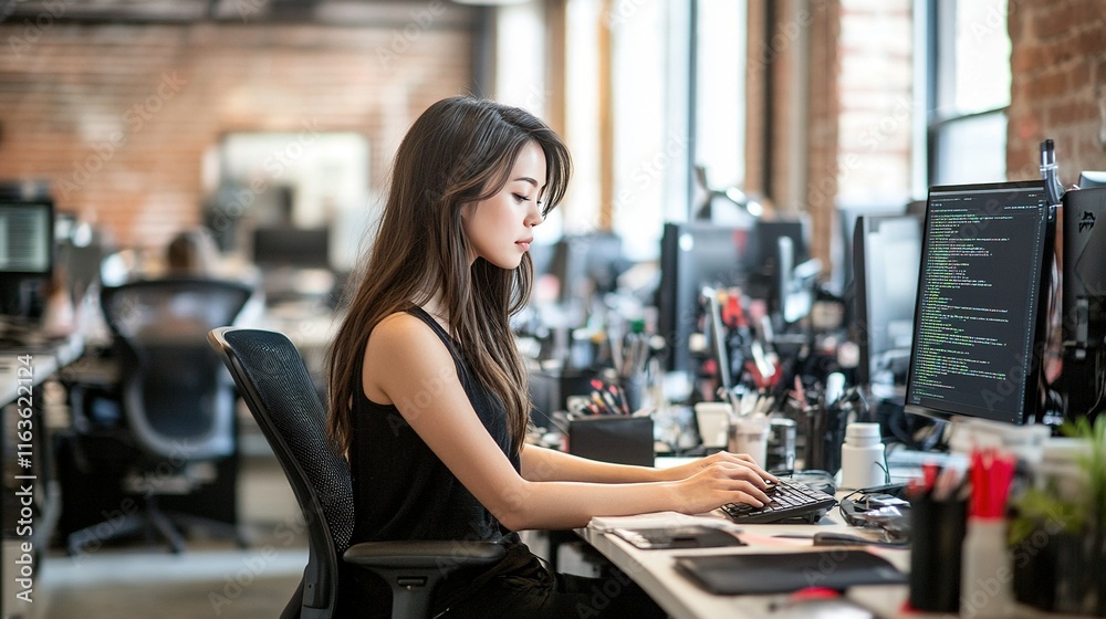 Fototapeta premium Woman coding in a vibrant tech office, collaborative atmosphere, diverse team, modern workspace, innovation and creativity in action
