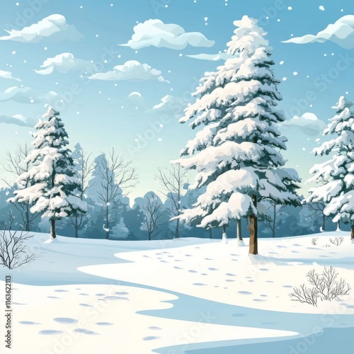 Wallpaper Mural Snowy winter landscape with snow-covered pine trees and footprints in the snow. Torontodigital.ca
