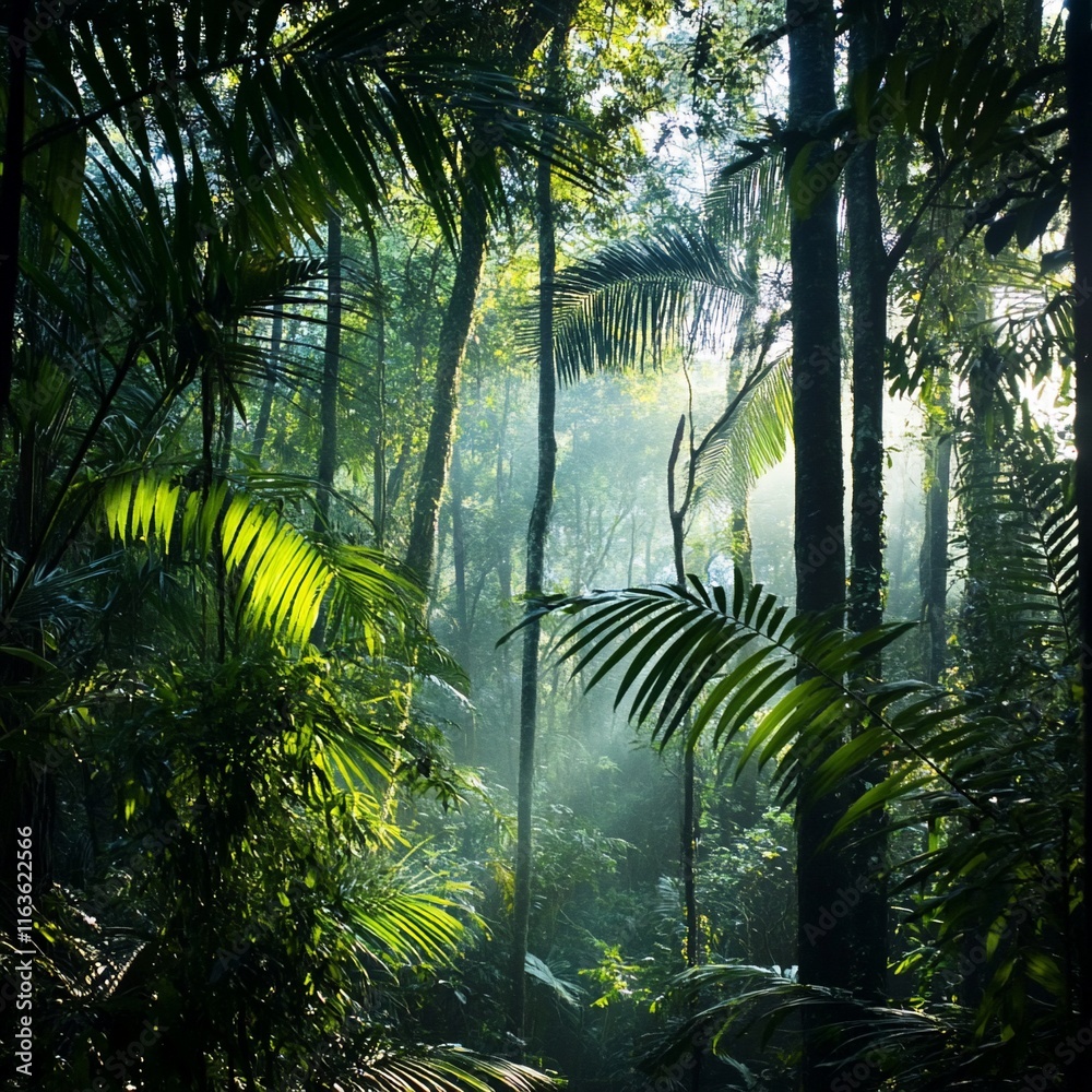 Naklejka premium Sunlit Rainforest Canopy: Mystical Lush Greenery