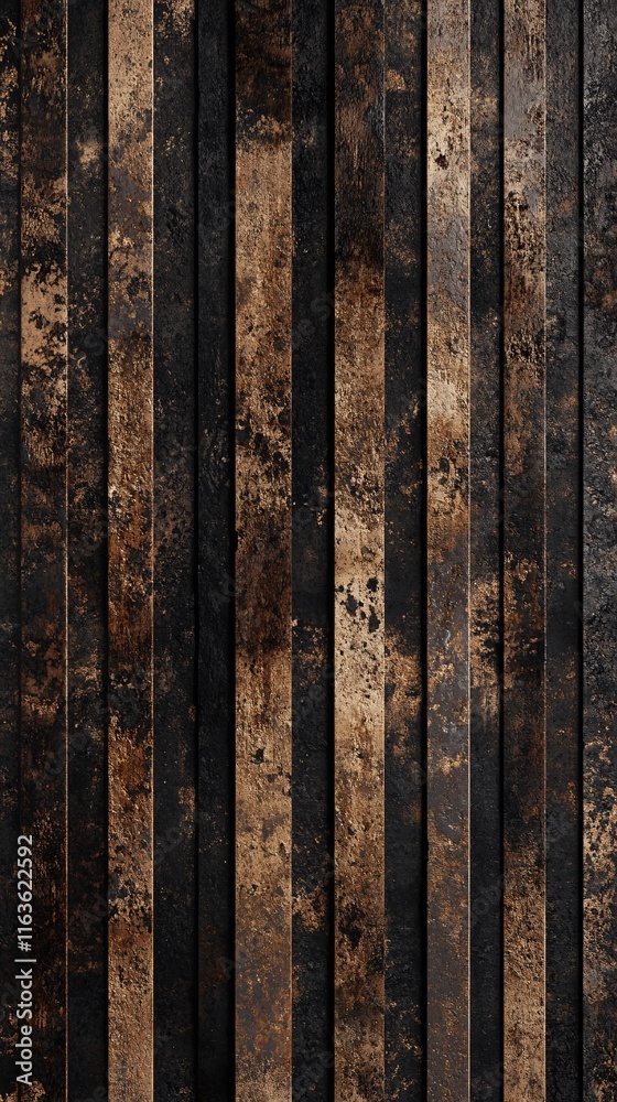 Fototapeta premium Textured abstract wall with vertical metal slats in shades of black and gold.