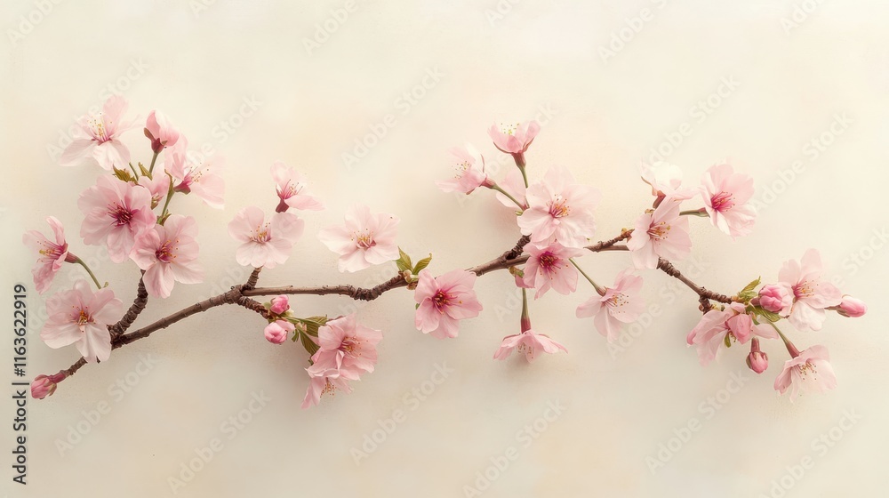 Cherry blossom branch on taupe canvas with dappled sunlight Cherry blossom branch on taupe canvas with dappled sunlight