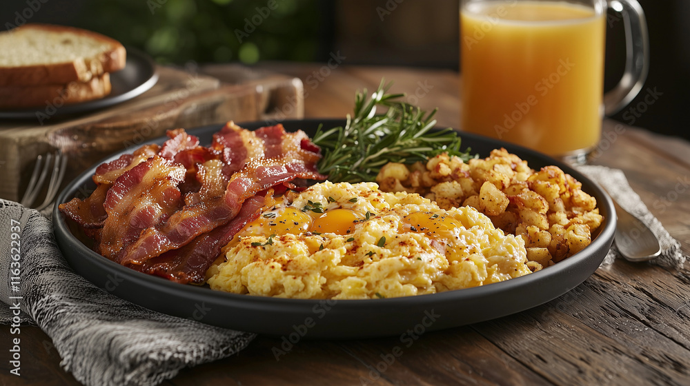 A hearty breakfast platter with scrambled eggs, crispy bacon, hash browns, and buttered toast, served with a glass of orange juice on a rustic table. Perfect for a satisfying morning meal. A hearty breakfast platter with scrambled eggs, crispy bacon, hash browns, and buttered toast, served with a glass of orange juice on a rustic table. Perfect for a satisfying morning meal.