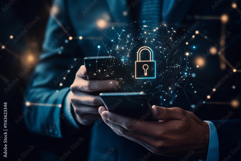 Businessman using smartphone for data protection and cybersecurity measures to safeguard private information Businessman using smartphone for data protection and cybersecurity measures to safeguard private information