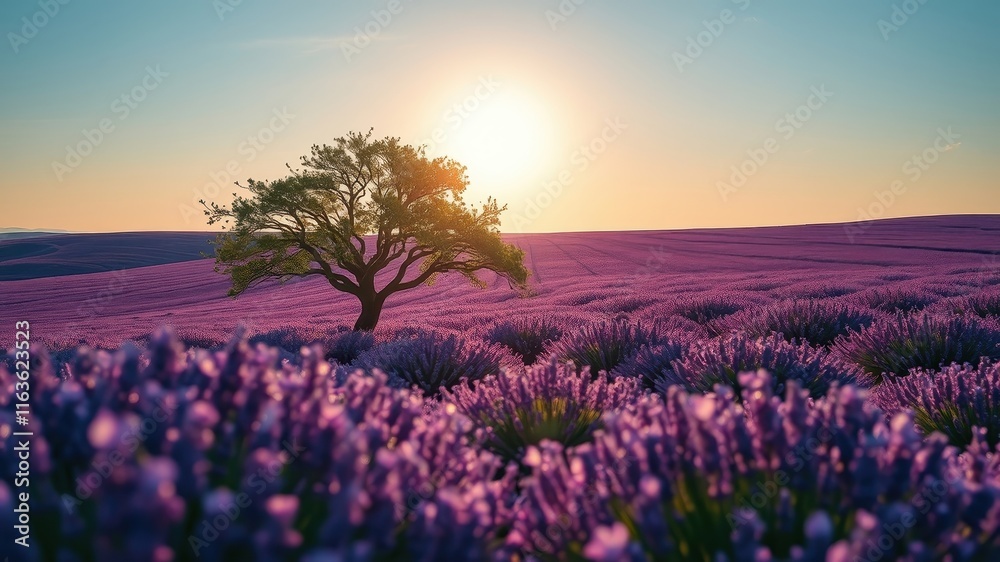 Serene Sunset Over a Lavender Field with a Solitary Tree Serene Sunset Over a Lavender Field with a Solitary Tree