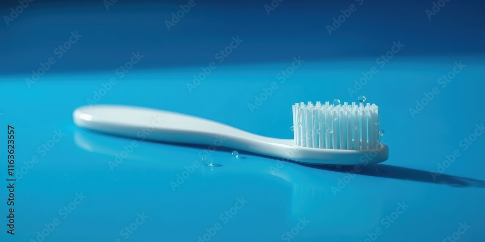 A wet toothbrush rests on a vibrant blue surface, reflecting light and showcasing water droplets A wet toothbrush rests on a vibrant blue surface, reflecting light and showcasing water droplets