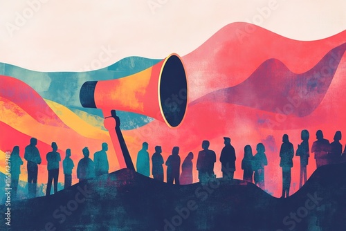 stylish flat retro illustration of a megaphone minimal backdrop with subtle outlines of people, bold contrasting colors and soft shadows photo