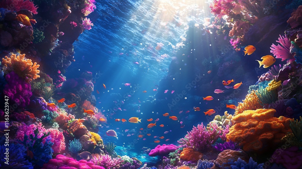 Fototapeta premium Vibrant Underwater Paradise: A Coral Reef's Colorful Inhabitants