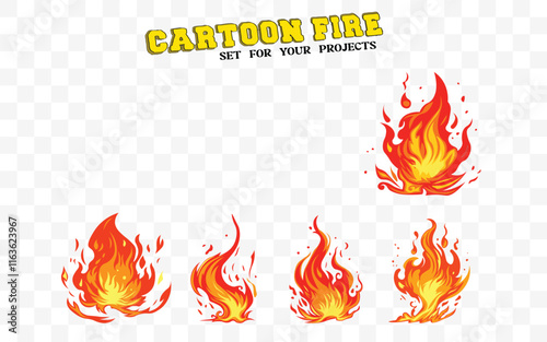 Cartoon fire vector set with blazing flames—perfect for animations, designs, and fiery projects. Bold, vibrant, and ready to use