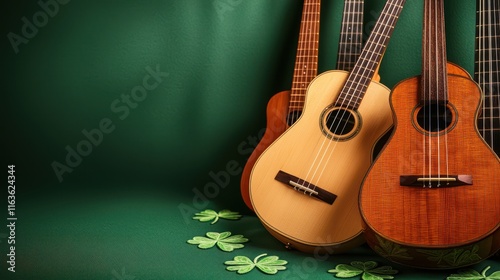 St. Patrick's Day Concept, Traditional Irish Music Instruments Displayed on Green Background with Shamrock Decorations photo