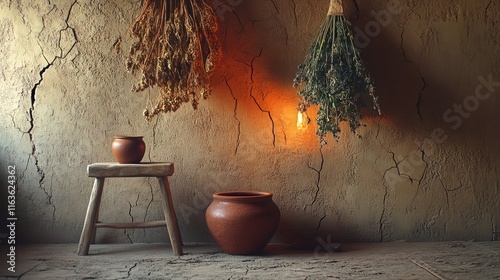 A minimalist mud house room with cracked earthen walls, a handmade wooden stool, and a bundle of dried herbs hanging from the ceiling. 